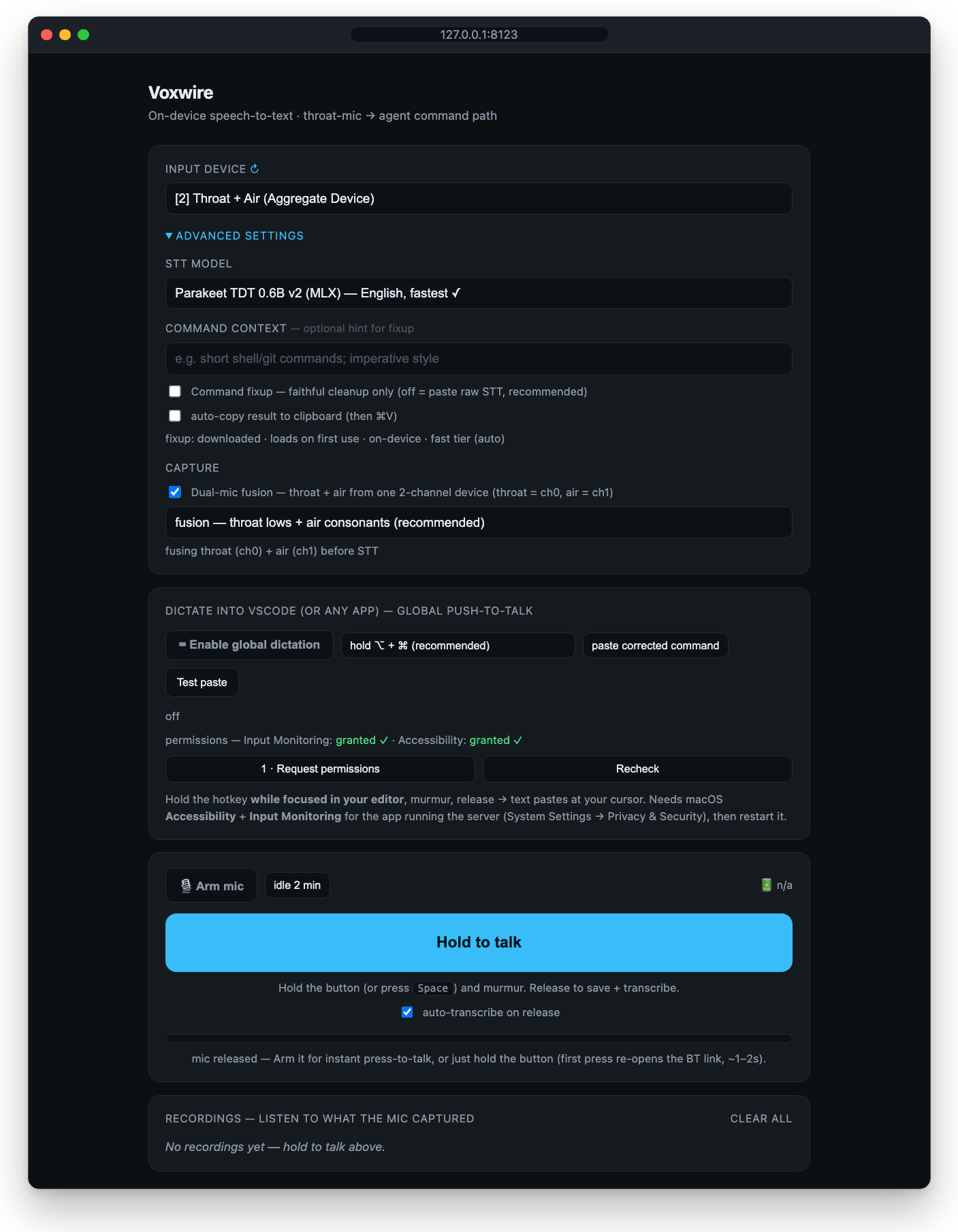 Voxwire's web config: a throat + air Aggregate Device selected, the speech-to-text model, the fixup switch, dual-mic fusion turned on, global push-to-talk dictation, and a hold-to-talk button.